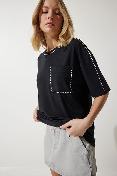 Happiness İstanbul Tricou oversize cu detalii Black Stone pentru femei PB00027