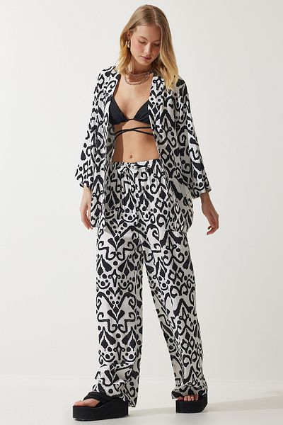 Happiness İstanbul Women's Black and White Patterned Kimono Palazzo Trousers Set EN00614