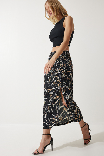 Happiness İstanbul Damska czarna wzorzysta marszczona spódnica midi DD01314