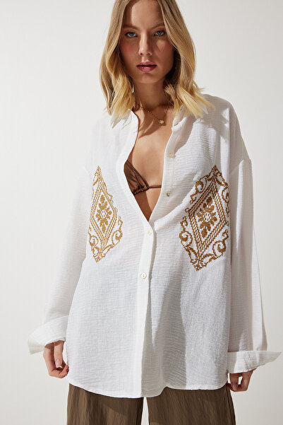 Happiness İstanbul Damska biała haftowana lniana koszula oversize z bawełny DM00134