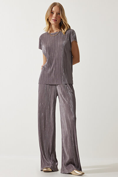 Happiness İstanbul Női Mink rakott kényelmes blúz nadrágkosztüm MC00283