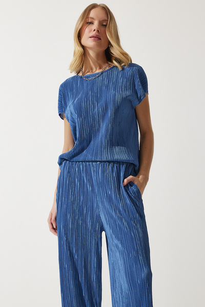 Happiness İstanbul Női sötétkék rakott kényelmes blúz nadrág szett MC00283