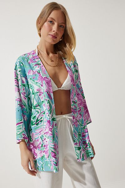 Happiness İstanbul Grün-rosa gemusterter Viskose-Kimono für Damen EN00615