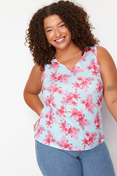 Trendyol Curve Πολύχρωμη Μπλούζα Πλεκτή Μονό Ζέρσεϊ Plus Size