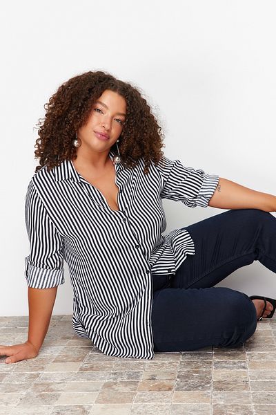 Trendyol Curve White and Navy Blue Striped Shirt