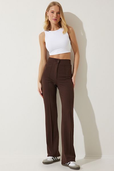 Happiness İstanbul Braune bequeme Strickhose aus Lycra mit hoher Taille für Damen RV00090