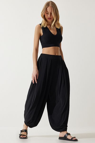 Happiness İstanbul Damskie czarne, plisowane, wygodne modalne spodnie Shalwar DD01313