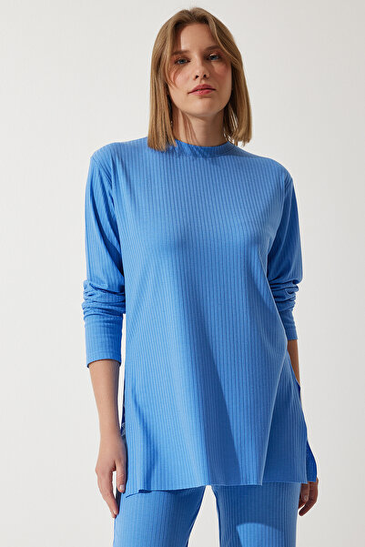 Happiness İstanbul Damen-Set mit schnurgebundener Strickbluse und Hose in Himmelblau KH00088