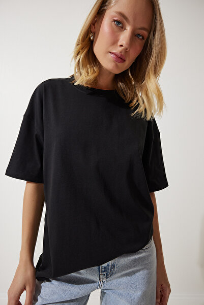 Happiness İstanbul Dámské černé pletené tričko Crew Neck Basic Oversize BF00091