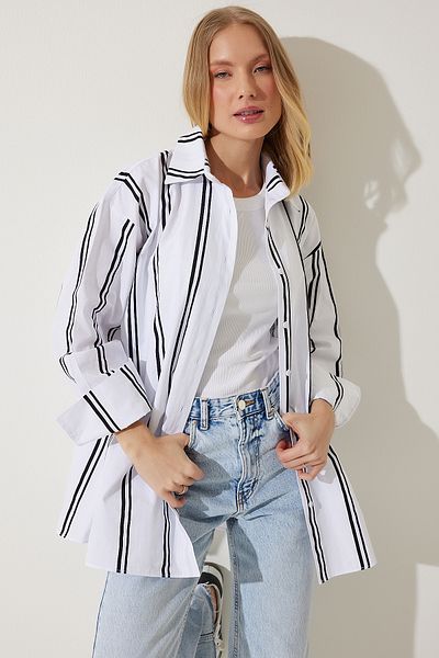 Happiness İstanbul Cămașă oversize din popelin cu dungi alb-negru pentru femei BP00154