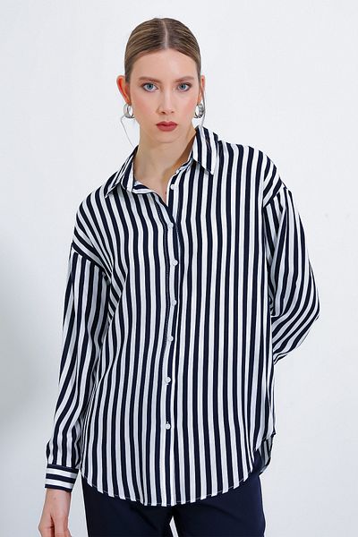 Bigdart Women's Navy Blue White Oversize Striped Viscose Shirt 3900