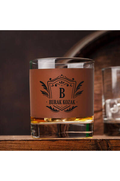 hediyemen Kişiye Özel Elit Taba Deri Kaplama Viski Bardağı