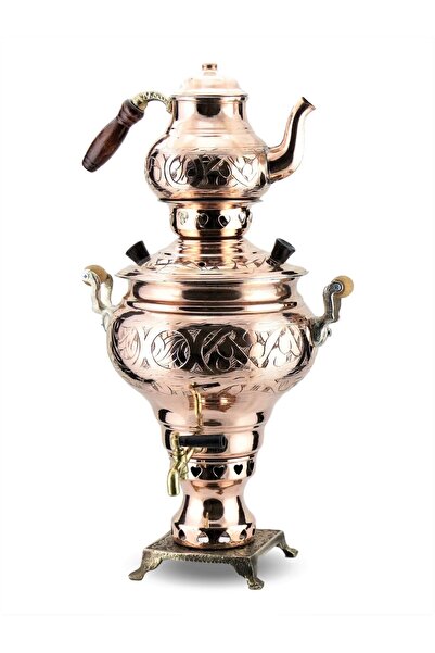 Sonay Bakırcılık Keski İşlemeli Kömürlü Kırmızı Bakır Semaver 3 Lt