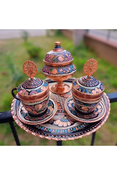 Sonay Bakırcılık İkili Gül Çiçek Bakır Çay ve Nescafe Takımı