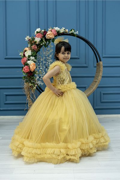 FR Shop Girl's Evening Dress Our Princess Model Double Layer Ruffle Sequin Embroidered Newest Fuchsia - Golden Yellow (Gold)
