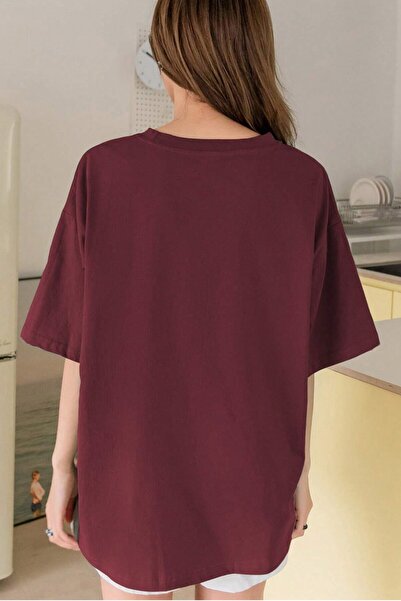 MODAGEN Unisex Claret Red Crew Neck Holiday Printed Oversize T-Shirt