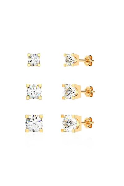 İNDİGO TAKI 3 Boy Tek Taş Kombin Altın Kaplama Gümüş Küpe