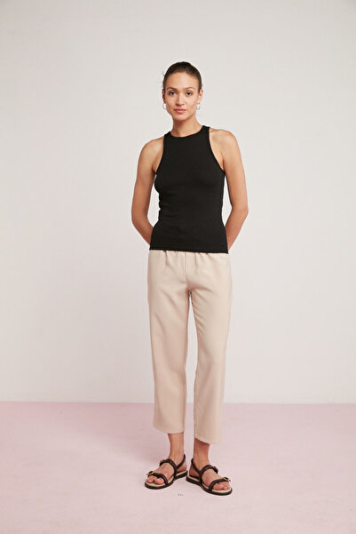 ETHIQUET Mıra Women's Corded Look Cotton Regular Halter Collar Zero Sleeve Black Undershirt