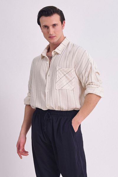 RELAXL 100% Cotton Muslin Fabric Flowing Long Sleeve Summer Striped Men's Shirt with Pockets