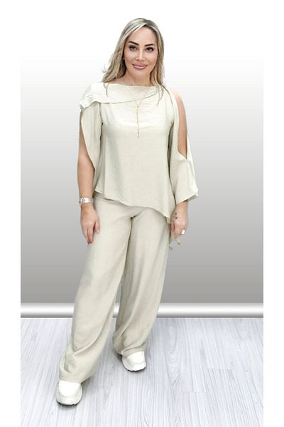 hot fashions طقم كتان مع بنطلون بخصر مطاطي غير متماثل