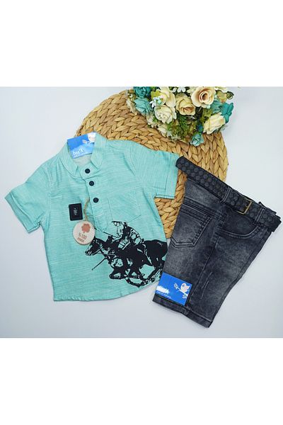 bebekpare Boy's Top and Bottom Set Green Shirt and Black Pants