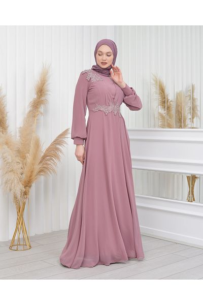 poplinmoda COPY - Guipure Chiffon Evening Dress - Cavide Model