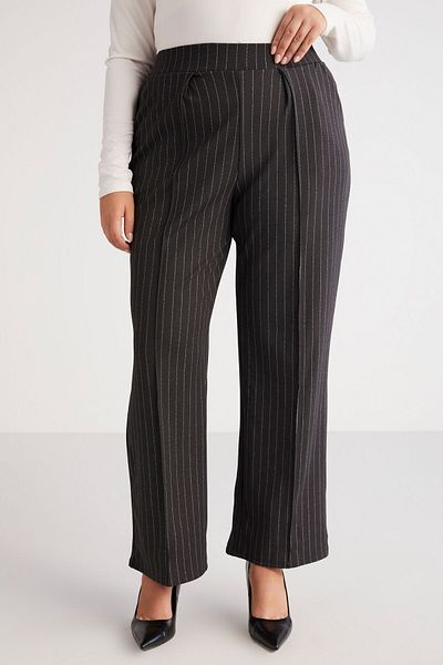 ETHIQUET Hannelebb Women's Knitted Striped Ribbed and Pleated Detail Black - White Large Size Trousers with Elastic Waist
