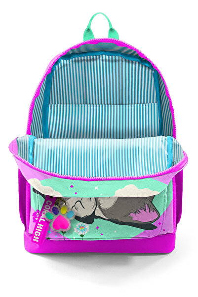 Coral High Kids Su Yeşili Pembe Kedi Desenli Dört Bölmeli Okul Sırt Çantası 23707