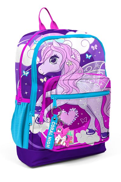 Coral High Rucsac de școală pentru copii cu 4 compartimente, mov, roz, cu model unicorn - 23708