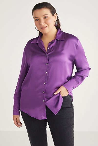 ETHIQUET Yvonnebb Women's Satin Fabric Regular Fit Regular Fit Satin Fabric Purple Large Size Shirt
