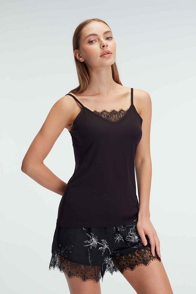 Anıl 9896 Rope Strap V-Neck Women's Viscose Flower Patterned Summer Knitted Mini Lace Detailed Pajamas Set