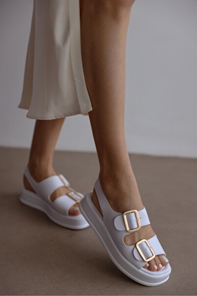 selin shoes Minella Çift Toka Detaylı Kadın Sandalet -  BEYAZ