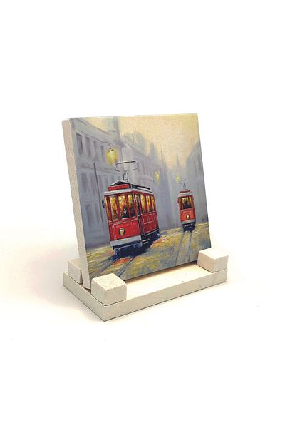 Sadrazam Nostalgic Tram Printed Natural Stone Desktop 10x10 Krt-50