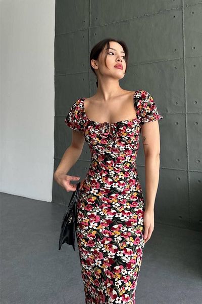 Ded COLLECTION Rochie de damă cu mânecă scurtă cu imprimeu floral și cravată la piept