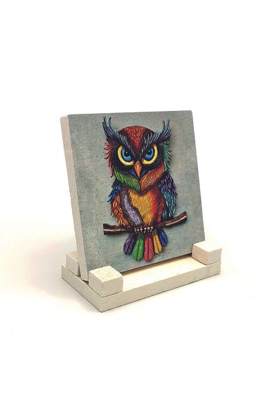 Sadrazam Owl Printed Natural Stone Desktop 10x10 Krg-162