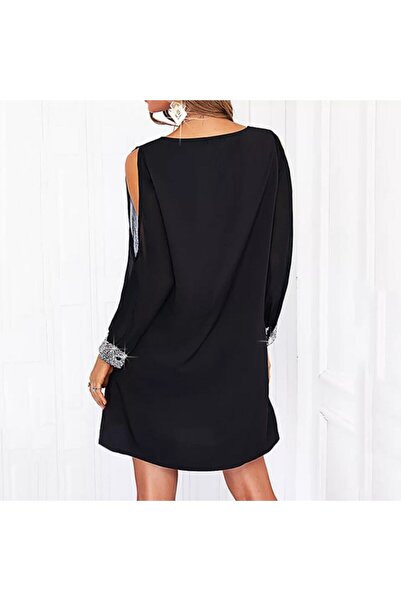 Viyamo Dámské černé šaty s dlouhým rukávem, tyl, výstřih do V, krátké pískové šaty