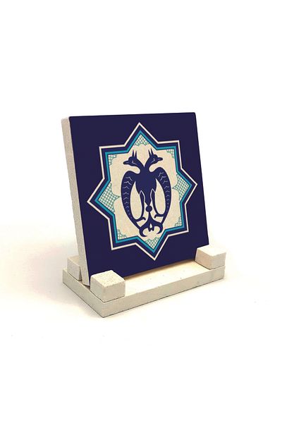 Sadrazam Double-Headed Natural Stone Desktop with Eagle Figure and Anatolian Seljuk Star Print 10x10 Kd-28