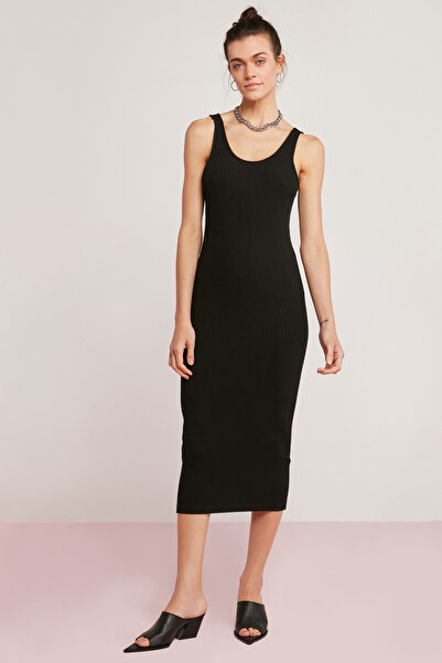 ETHIQUET Della Women's 100% Cotton Round Neck Fittilli Look Body Hugging Thick Strap Pencil Black Dress