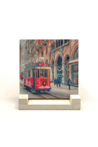 Sadrazam Nostalgic Tram Printed Natural Stone Desktop 10x10 Krt-46