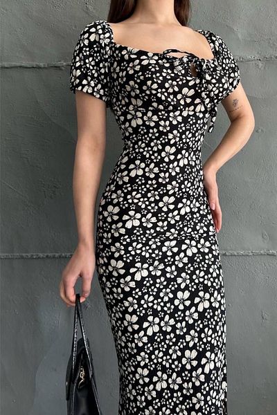 Ded COLLECTION Rochie de damă cu mânecă scurtă cu imprimeu floral și cravată la piept