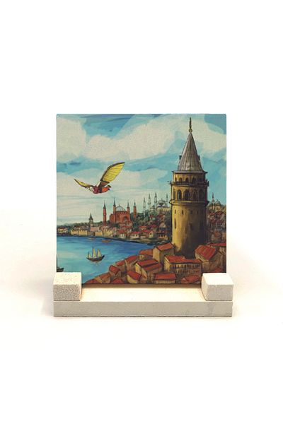 Sadrazam Turnul Galata și Hezarfen Ahmet Çelebi's Flight Moment Imprimat Desktop din piatră naturală 10x10 Krt-25