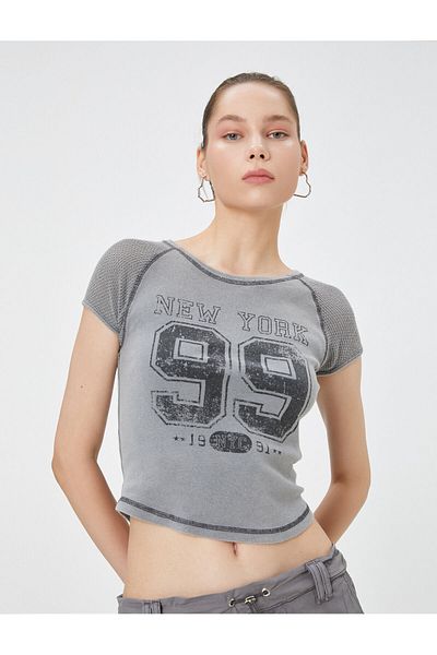 Koton Crop T-Shirt Short Sleeve Round Neck Printed Cotton