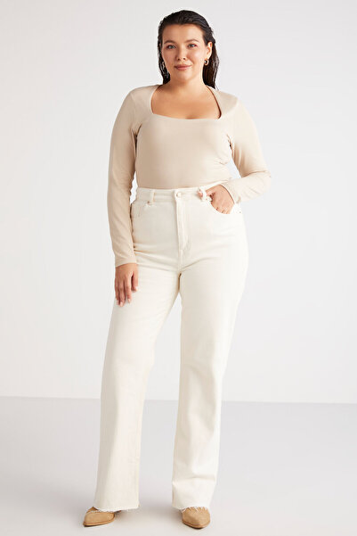 ETHIQUET Aadabb Women's Large Size Slim Fit Slim-Fit Body-Hugging Square Collar Long Sleeve Beige Large Size Blouse