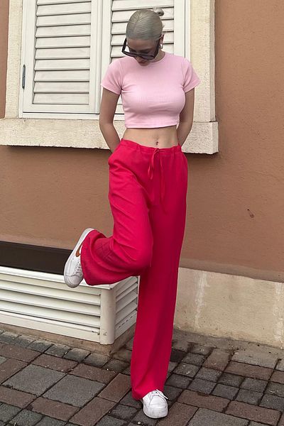 Madmext Fuchsia Crinkle Stoff Basic Damen Strandhose Mg1778