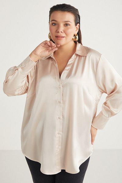 ETHIQUET Alaınabb Γυναικείο Oversize Lycra Satin Look Μπεζ πουκάμισο μεγάλου μεγέθους με λεπτομέρεια μανσέτας
