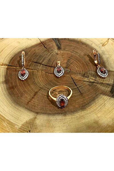 Doğan Silver 925 Ayar Gümüş Lal Taşlı  Üçlü Rose Kaplama Zirkon Set DGN21658
