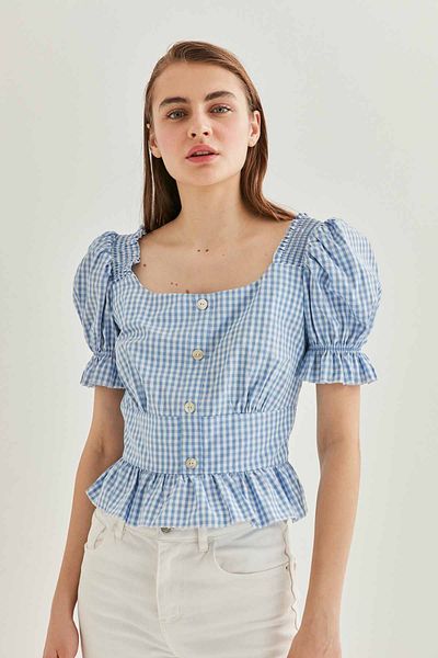 Vitrin Bluse mit Gingham-Rüschen und Knopfdetail