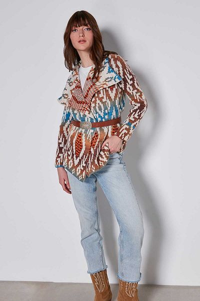 Vitrin Ethnic Pattern Shawl Collar Short Knitwear Cardigan