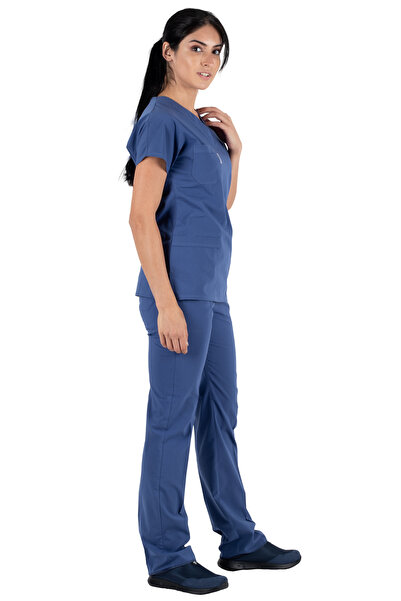Alsancak Üniforma Fırtına Mavi Likralı Kalın Esnek Kumaş Scrubs Flex Yarasa Kol Doktor Hemşire Forması