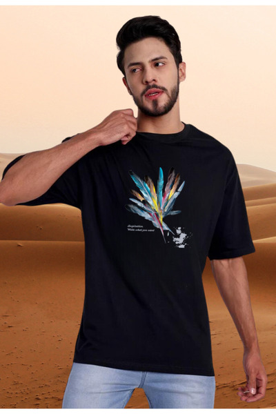 Generic Brand Tricou oversize din bumbac imprimat cu pene